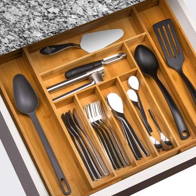 China CLASSIC Custom Bamboo Expandable Silverware Drawer Organizer adjustable cutlery Bamboo Cutlery Tray for sale