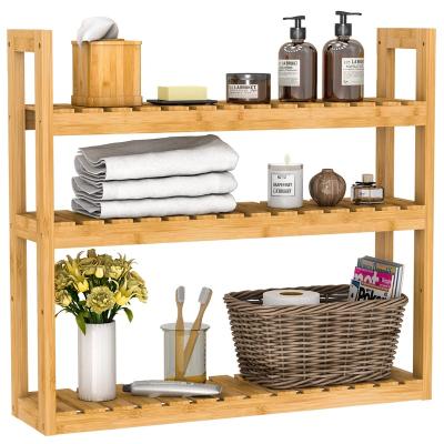 China Natural 3 Tier Bathroom Shelves Wall Mounted for Towel Storage Shelf Bamboo Bathroom Shelf Over Toilet for sale