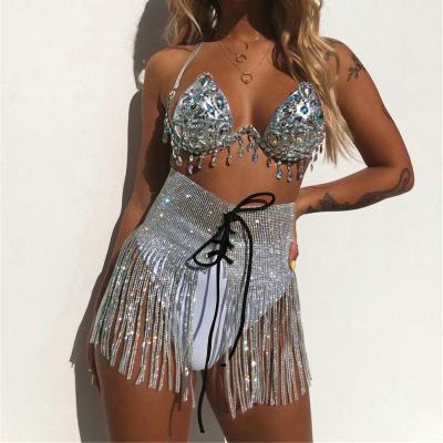 China 2022 New Breathable Rhinestone Sparkle Long Tassel Jewel Trims Women Summer Beach Sexy Bikini Mini Skirt for sale