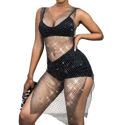 China Women's Breathable Lace Net Dress See Mesh Knee Length Dress Sexy Shiny Black Clubwear for sale