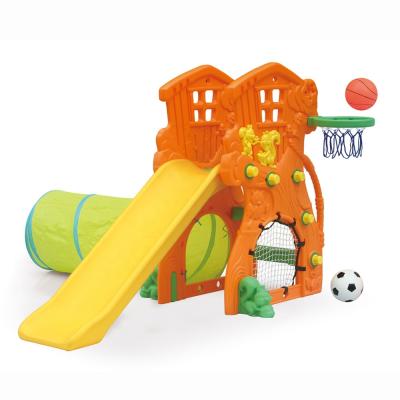 China Plastic PE Playground Treehouse Slide With Football And Basketball Tunnel Gamdes for sale