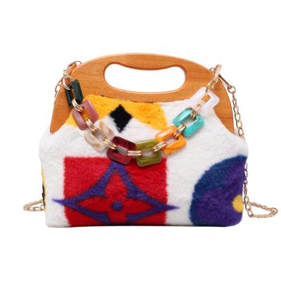 China New Arrival Hot Fashion RFID Winter Faux Fleece Ladies Handbags Girl Handbags Women Colorful Printing Fur Cross Chain Bags for sale