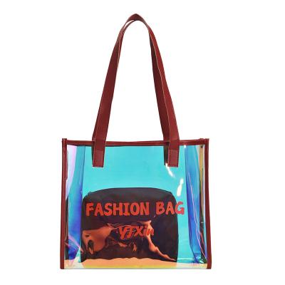 China 2021 Fashion Hot Sale Cheap Holographic Transparent Stylish Designer Handled Clear Tote Bags Fashion PVC Shopping Bag College for sale