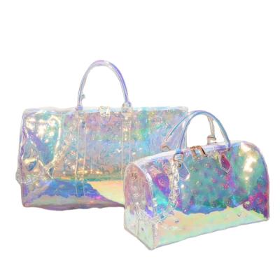 China New Style Designer Travel Holographic Custom Drawstring Waterproof Famous Girls Women Transparent Clear Bag for sale