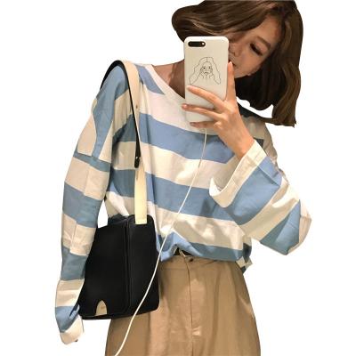 China Anti-Wrinkle Women's Long Sleeve Crew Neck Striped Long Sleeve Top Casual T-Shirt for sale