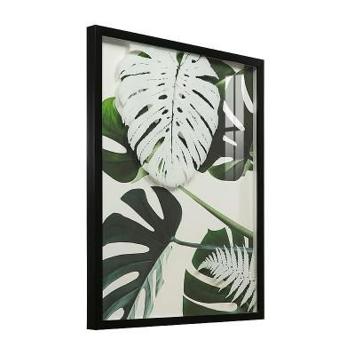 China Modern Green Leaves Printed Glass Wall Art Framed Canvas Interior Home Decoration for sale