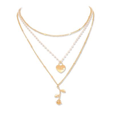 China FASHIONABLE Love Rose Pendant Necklace, Multilayer Imitation Pearl Necklace Ladies Jewelry Vintage Wholesale for sale