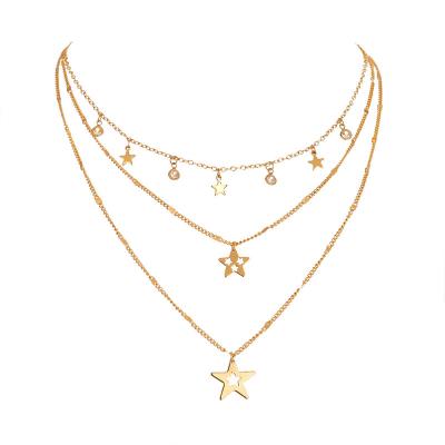 China Wholesale Metal Style Women Star Pentagon Clavicle Chain Zinc Alloy Necklace European And American Romantic Three-Layer Necklace for sale