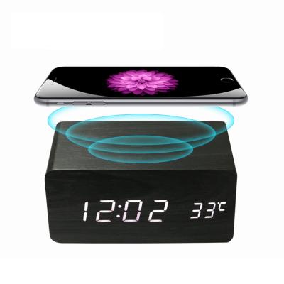 China Custom Wooden Calendars LED Alarm Clock With Wireless Charging And Temperature for sale