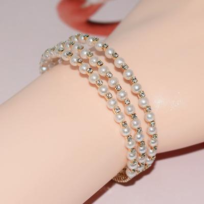 China Fashion Woman Retro Crystal Pearl Bracelet Layer Gold Silver Plated Open Bangle Crystal Bangles Pulseras Mujer Bridal Jewelry Gift for sale