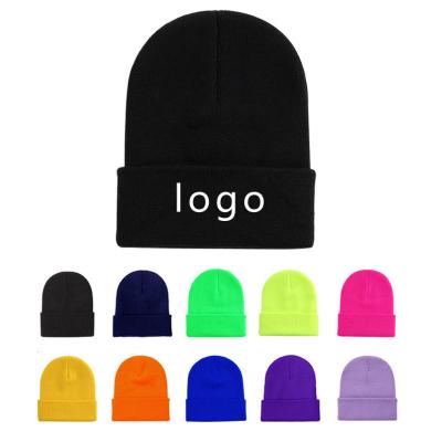 China COMMON Wholesale 100% Acrylic Cotton Embroidered Women Men Warm Knitted Custom Private Label Logo Winter Beanie Hat for sale