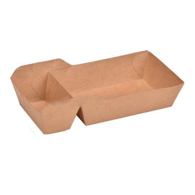 China 440ml Rectangle Biodegradable Cardboard Food Packaging Quick Tray Kraft Paper With 2 Cells for sale