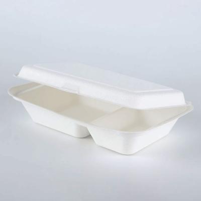 China Virgin Biodegradable 2 Compartments Hinged Lid Bagasse Pulp Food Container for sale