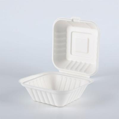 China Virgin Square 5inch Stackable Bagasse Pulp Hinged Lid Burger Container for sale