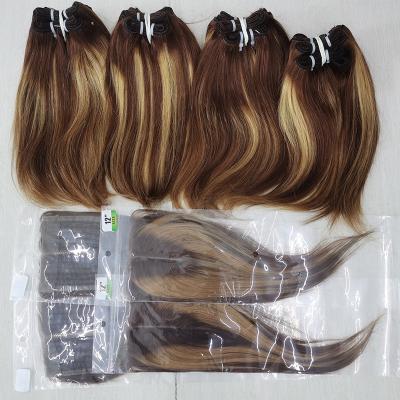 China Wholesale Letsfly Vendors Silky Straight Wave P4/27 Straight Hair Extensions Bundles With Closure Brazilian Hair Weave Machine Made for sale