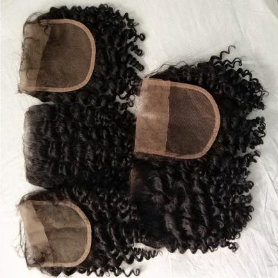 China 4x4 Afro Curly Loose Curly Closure Virgin Brazilian Human Hair Pieces Free Shipping Cheap Curly Lace Closure Virgin Hair With Baby Hair for sale