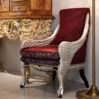 China Manual Solid Wood Carving Classic Luxury Fabric Florentine Style Red Velvet Golden Angel Wing Armchair for sale