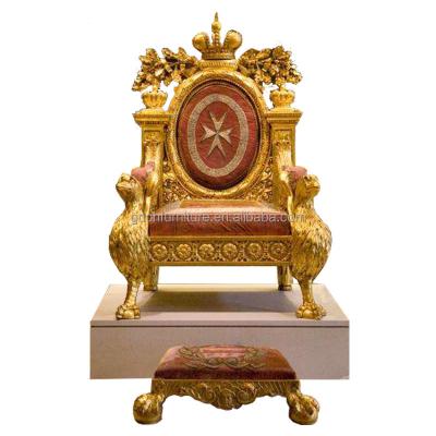 China Manual Solid Wood Carving Living Room Armchair Luxury Solid Wood Carved Crown King Chair French Fabric Customized for sale