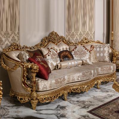 China Handmade Solid Wood Carving Set Luxury French Royal Gold Furniture Living Room Wood Carving Sofa 1+Solid Wood Carving 2+3 for sale