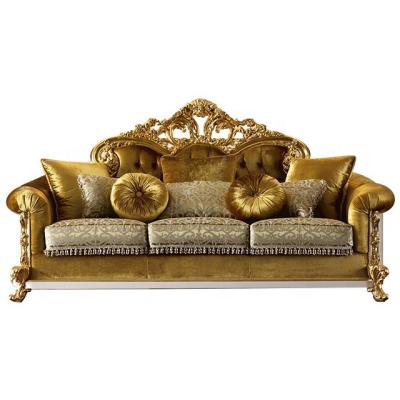 China Handmade Solid Wood Carving Antique Classic Gold Colored Living Room Fabric Handmade Carving Design Luxury Sofa Solid Wood Sofas for sale