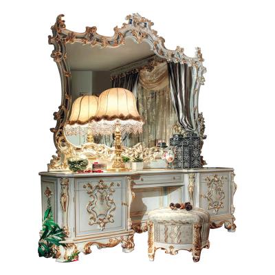 China Manual Solid Wood Carving Solid Wood Carving Bedroom Luxury French Hand Painted Dressing Table Furniture European Style for sale