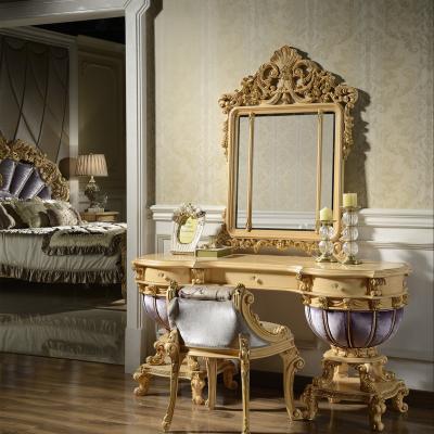 China Luxury Manual Solid Wood Carving Bedroom Furniture Makeup Mirror Dresseing Table with Mirror and Stool for sale