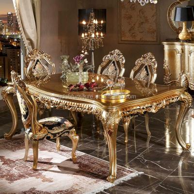 China Hand Carved Solid Wood French Dining Table and Chairs Set for European Antique Dining Room Square Dining Gold Chairs and Table Set for sale