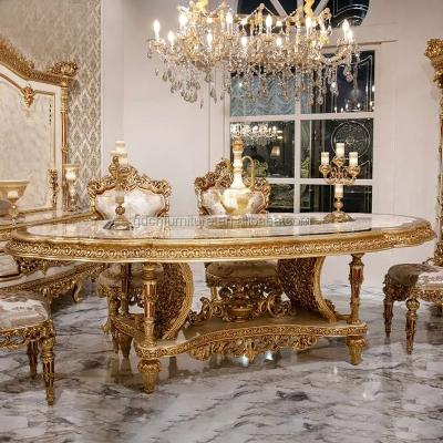 China Hand Carved Solid Wood French Elegant and Classic Baroque Design of Solid Wood Carving Tables and Chairs Dining Tables Set European Style for sale