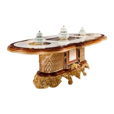 China Luxury Hand Painted Solid Wood Antique Carved Dining Long Dining Table 10 Seats Royal Dining Table Set for sale