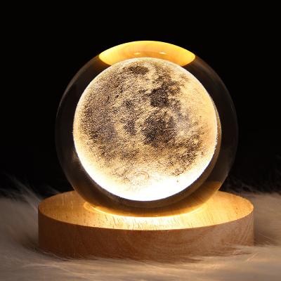 China Crystal Ball Night Light With Square Decorative Europe Party Gift Moon 3D Wooden Base for sale