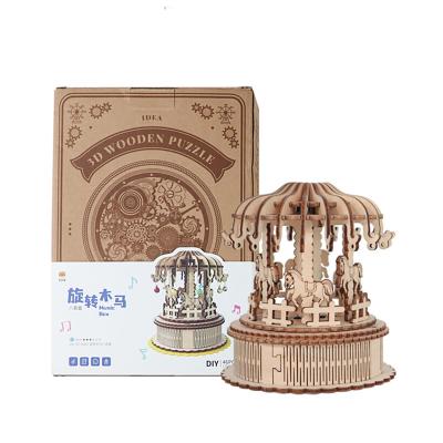 China DIY 3D Jigsaw Amazon Hot Sale 3D DIY Puzzle Craft Carousel Music Box Wooden Puzzle For Kids for sale