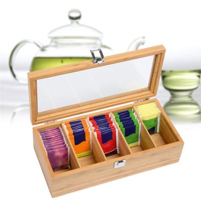 China Viable Tea Bag Jewelry Organizer Storage Box Bamboo System 5 Compartments Tea Box Organizer Wood Sugar Packet Container for sale