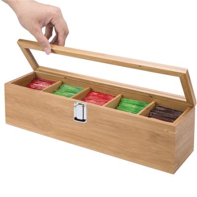 China Sustainable 5 Compartment System Tea Bag Storage Box Bamboo Jewelry Organizer Tea Box for sale