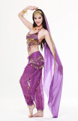 China Professional Purple Belly Dancing Clothing For Evening Performance With Golden Coins for sale