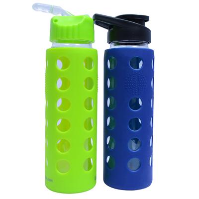 China Sustainable glass water bottle with stainless steel cap and easy carry loops, 600ml for sale