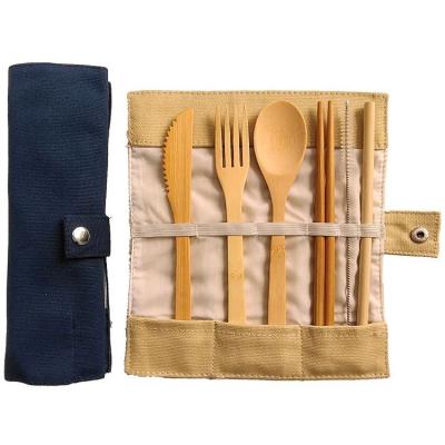 China Straw Bag Six Piece Bamboo Steak Tableware Knife Fork Spoon Travel Viable Handle Kitchen Portable Utensil Set With Chopstick for sale