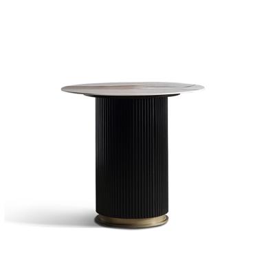 China Living room round small stainless steel end table with brushed gold ceramic top wooden base for sale