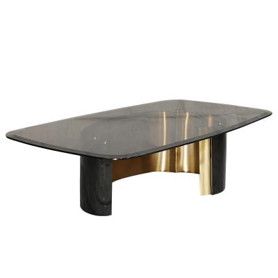 China Finitura de satén Tabla de café de vidrio templado Tabla de café rectangular de oro cepillado en venta