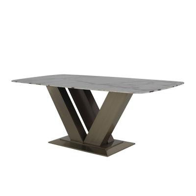 China Brushed Grey Marble Dining Table Rose Gold Metal Rectangle Patio Table for sale