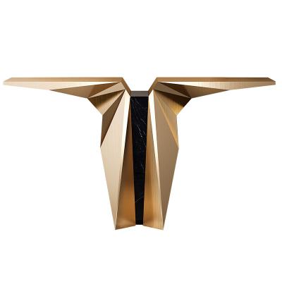 China Stainless Steel Console Table Wall Table Angel Wing Shape With Brushed Gold Metal Base Hotel Villa And Living Room Use for sale