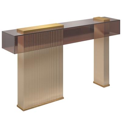 China Rectangle Stainless Steel Entrance Table Wall Table Brushed Gold Metal Base Acrylic Top Hotel Villa And Living Room Use for sale