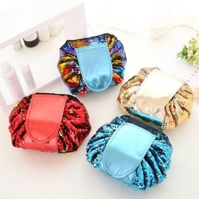 China Wholesale Eco-Friendly Gold Silver Red Drawstring Makeup Bag With Glitter Sequins Around Drawstring Bag Custom Sequin Cosmetic Bag For Girls for sale