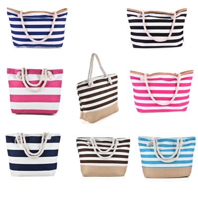 China Wholesale ECO Eco-Friendly Women Stripe Large Canvas Tote Bag With Zipper Cotton Bag Straw Canvas Beach Shopping Bags For Travel for sale