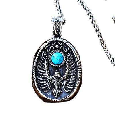 China Vintage SS8-630P Soldier Ellipse Carved Man Eagle Wings Pendant Stainless Steel Jewelry With Gem for sale