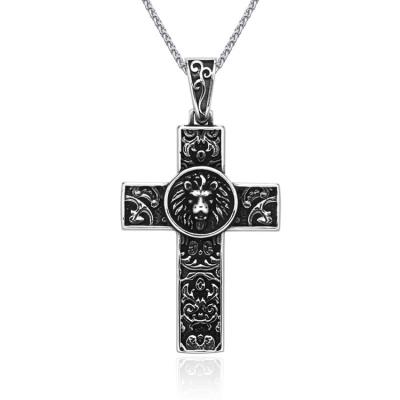 China SS8-627P Vintage Soldier Punk Men Chains Necklace Lion Carved Stainless Steel Jesus Steel Cross Pendant for sale