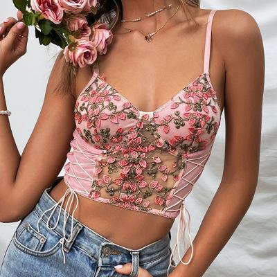 China Mumaroho Breathable Summer WTF10299B Floral Strap Camis Partywear Mesh Crop Top Women Sexy 2022 Spring Model Bodycon Tank Tops for sale