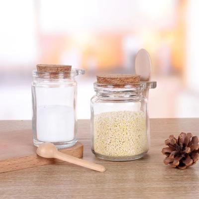 China Wholesale Minimalist Cosmetic Glass Bottle 250ml Glass Jar 8oz Bath Salt Bottle With Spoon And Wooden Cork Lid for sale