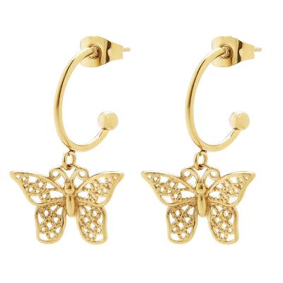 China Trendy And Fashionable Environmentally Friendly 3D Butterfly Charm 14k Gold Stainless Steel Circle Hollow Earring for sale