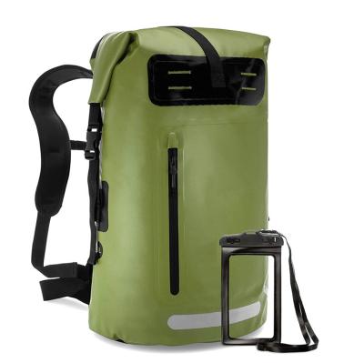 China 35L Outdoor Custom Rolltop Backpack PVC Tarpaulin Travel Dry Bag Waterproof Green With Cell Phone Pocket for sale