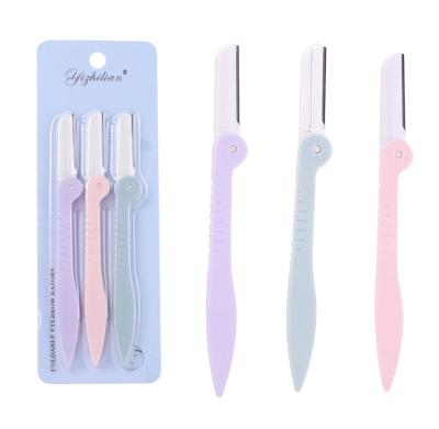 China Portable Triple 3 Blade Sets Macro Folding Eyebrow Trimming Knife Belt Mesh Razor Blade Beauty Tool For Women for sale